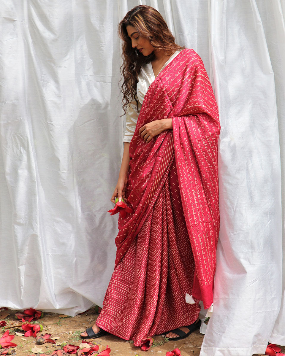 Carrot Pink Modal Silk Blockprinted Saree - Kite