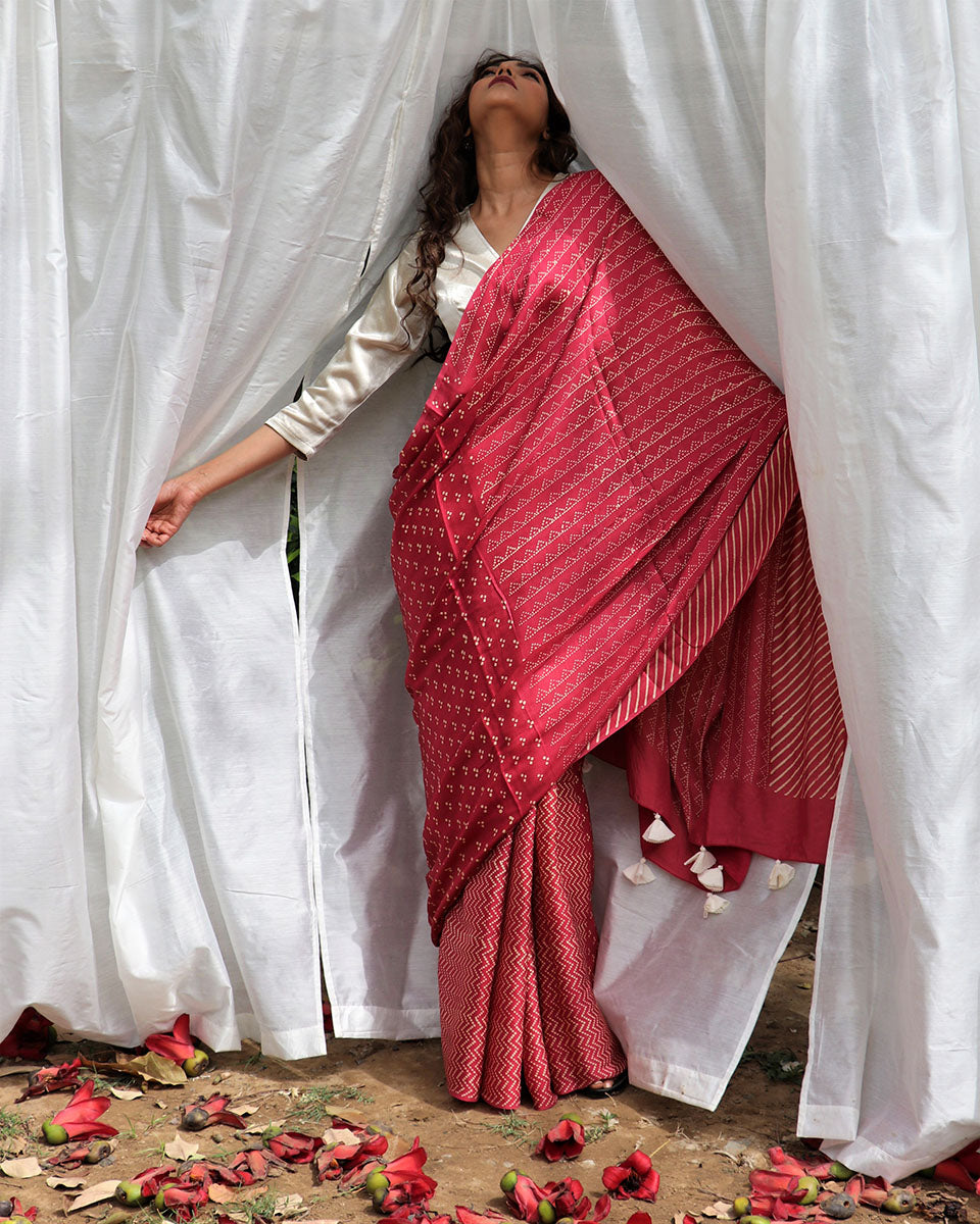 Carrot Pink Modal Silk Blockprinted Saree - Kite