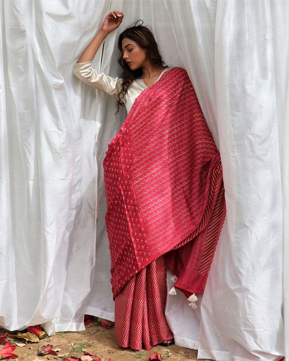 Carrot Pink Modal Silk Blockprinted Saree - Kite