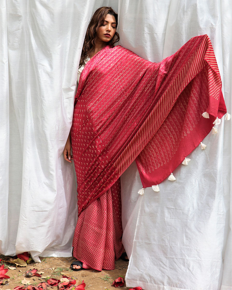 Carrot Pink Modal Silk Blockprinted Saree - Kite