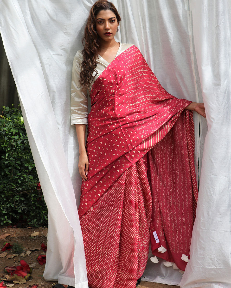 Carrot Pink Modal Silk Blockprinted Saree - Kite