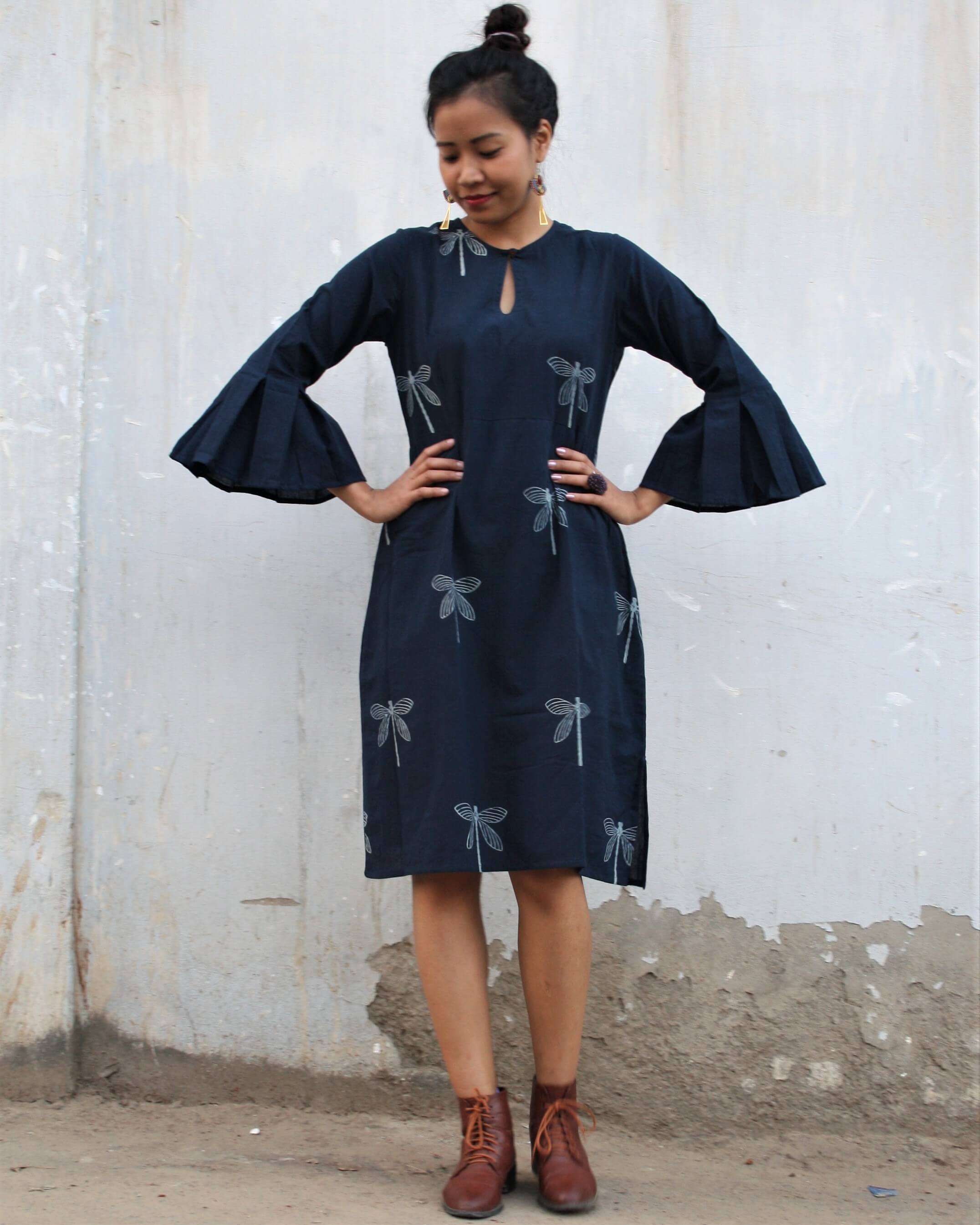 Blue Dragonfly Blockprinted Cotton Dress