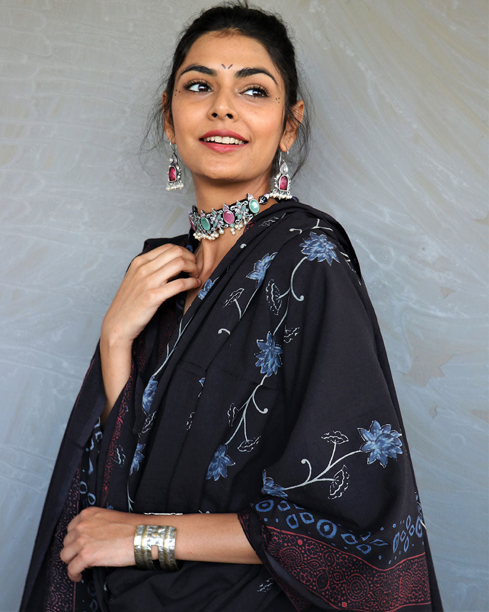 Enchanted Black Hand-Printed Pure Cotton Dupatta-Kohl