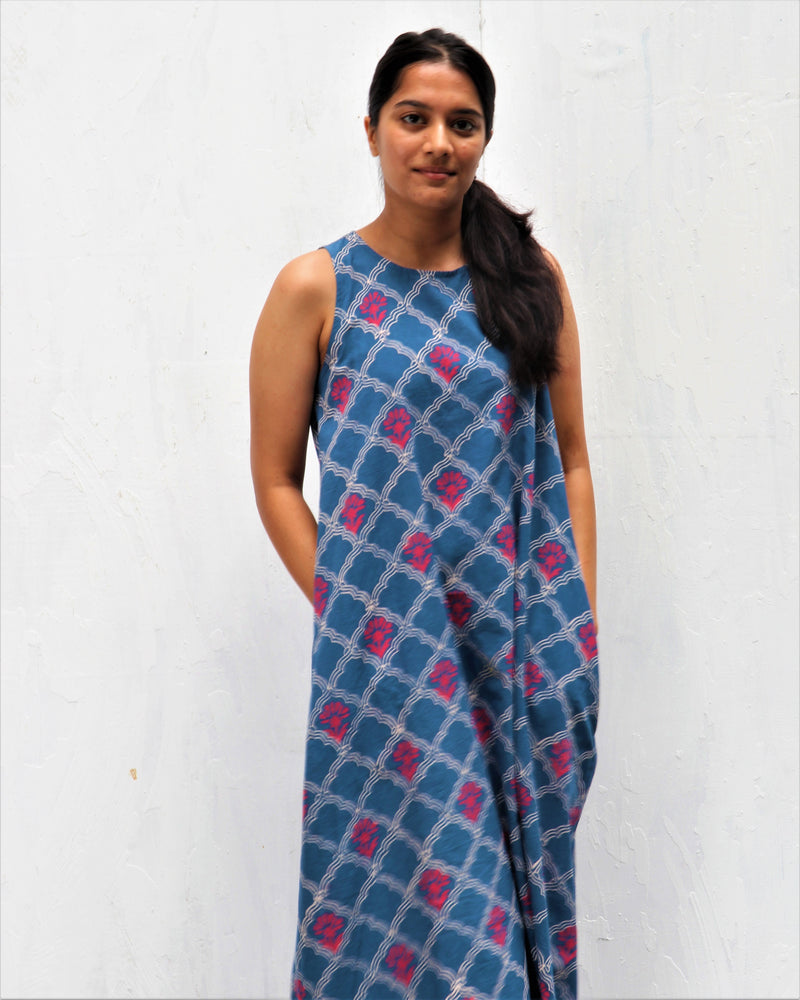 Midnight Blossom Hand Block-Printed Cotton Dress - Neelanjali
