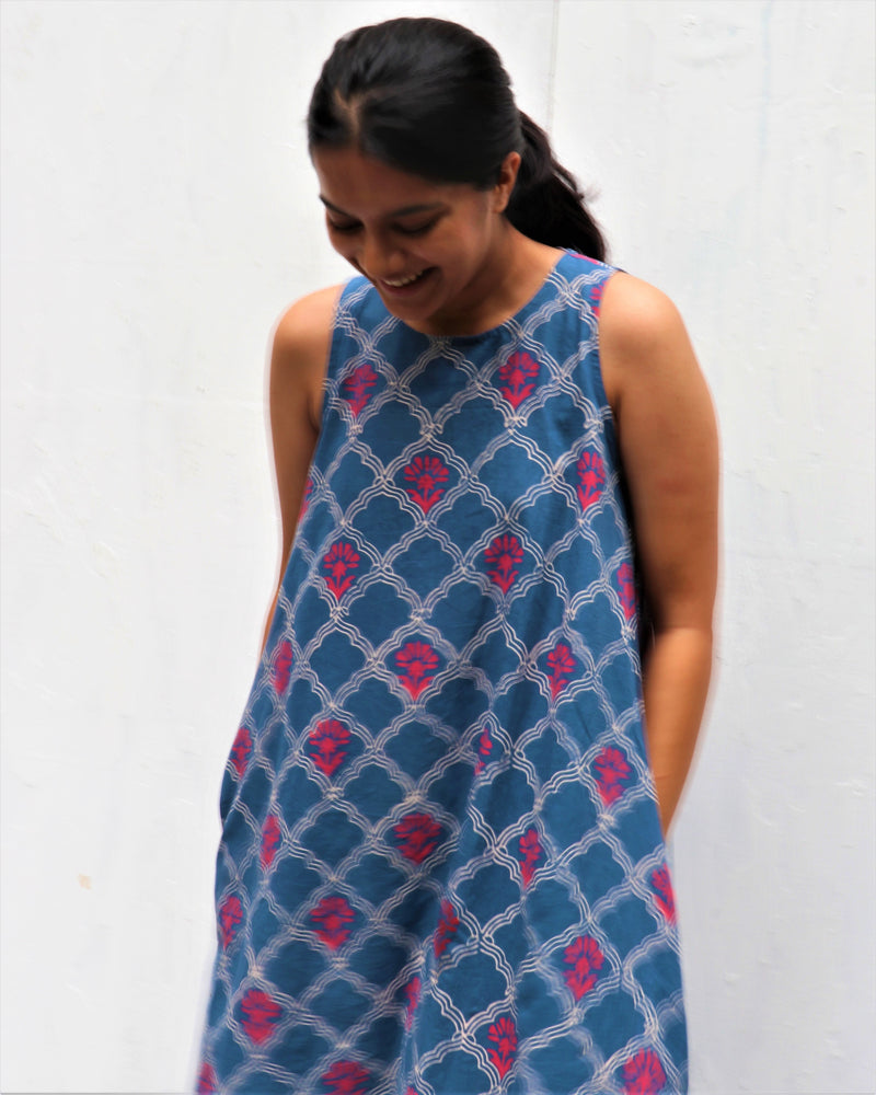 Midnight Blossom Hand Block-Printed Cotton Dress - Neelanjali