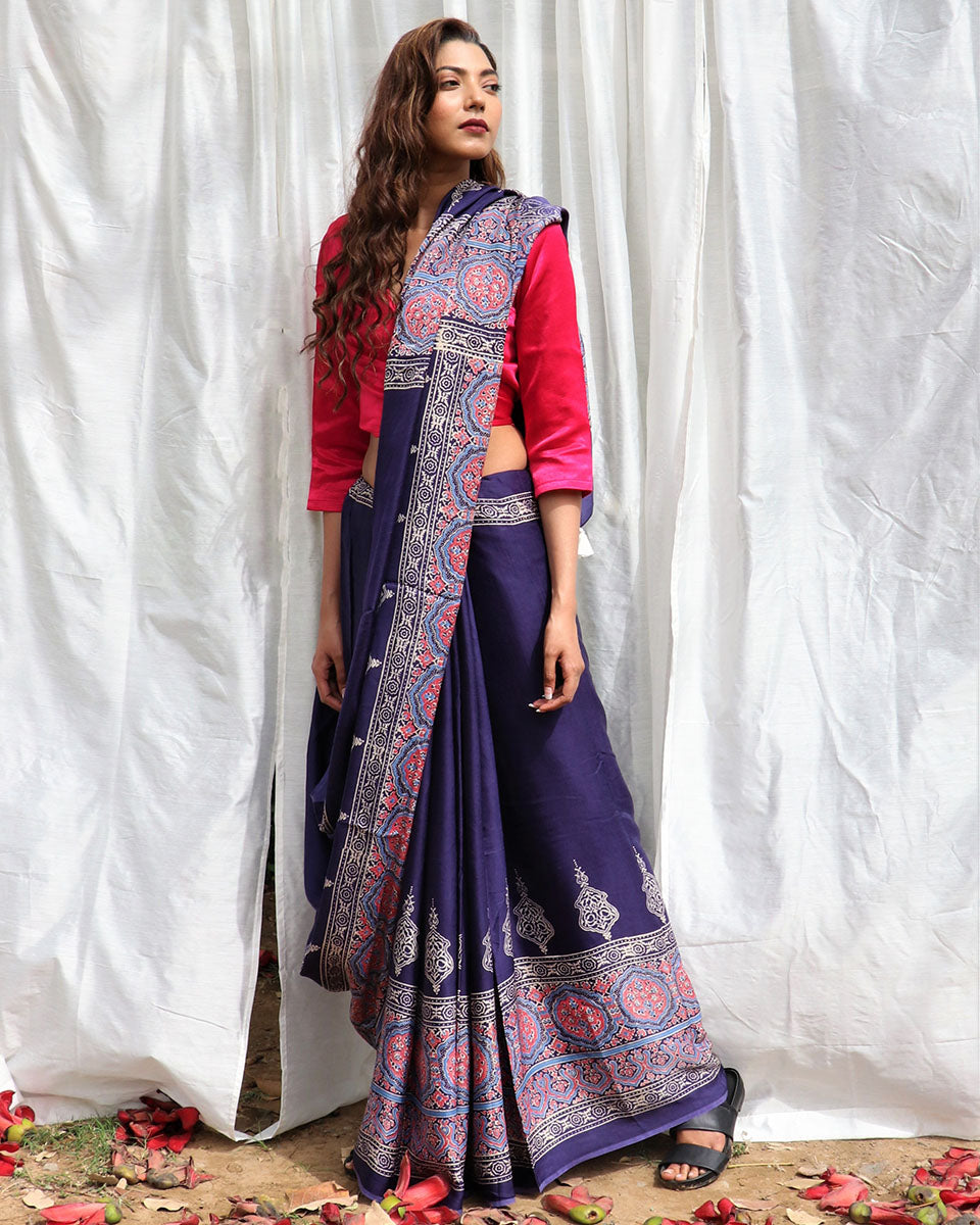 Blue Modal Silk Blockprinted Saree - Kite