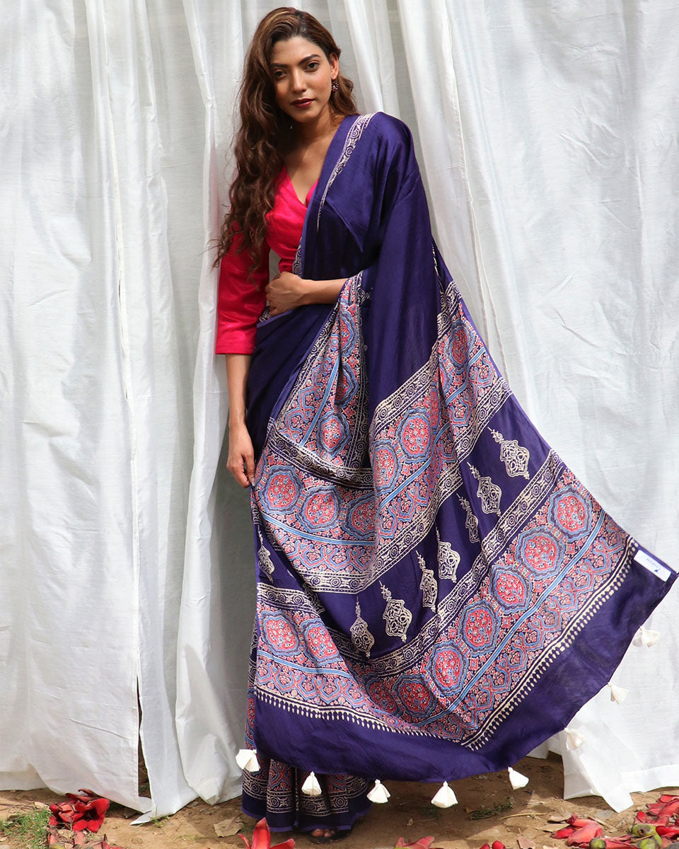 Blue Modal Silk Blockprinted Saree - Kite