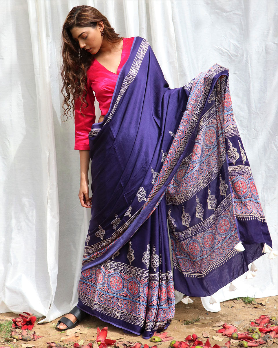 Blue Modal Silk Blockprinted Saree - Kite