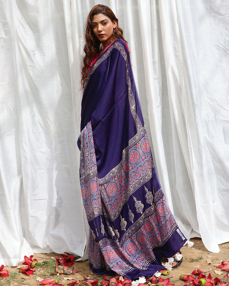 Blue Modal Silk Blockprinted Saree - Kite