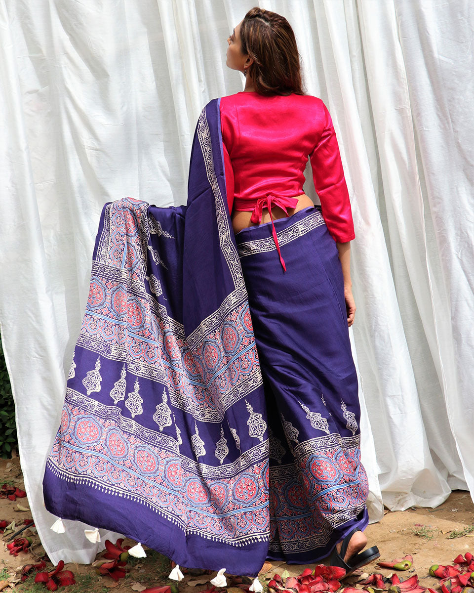 Blue Modal Silk Blockprinted Saree - Kite