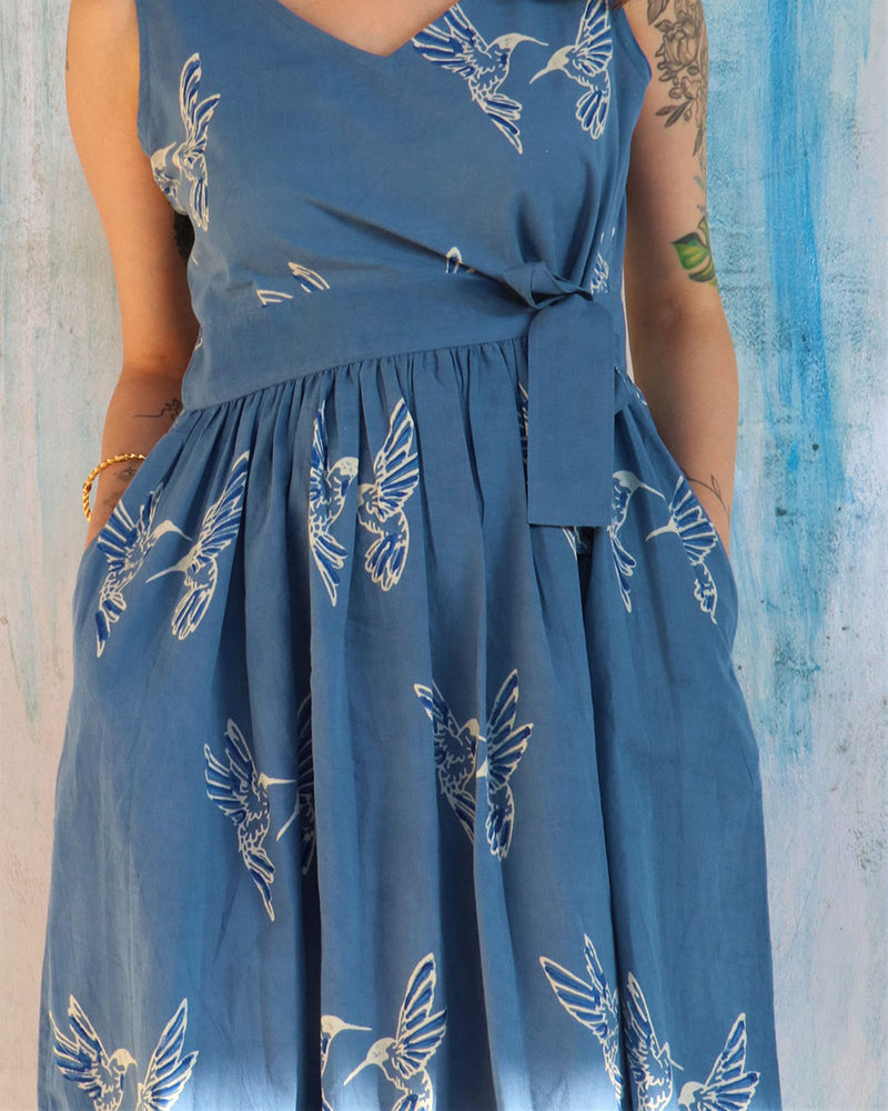 Blue Humming Bird Tie-Up Cotton Dress