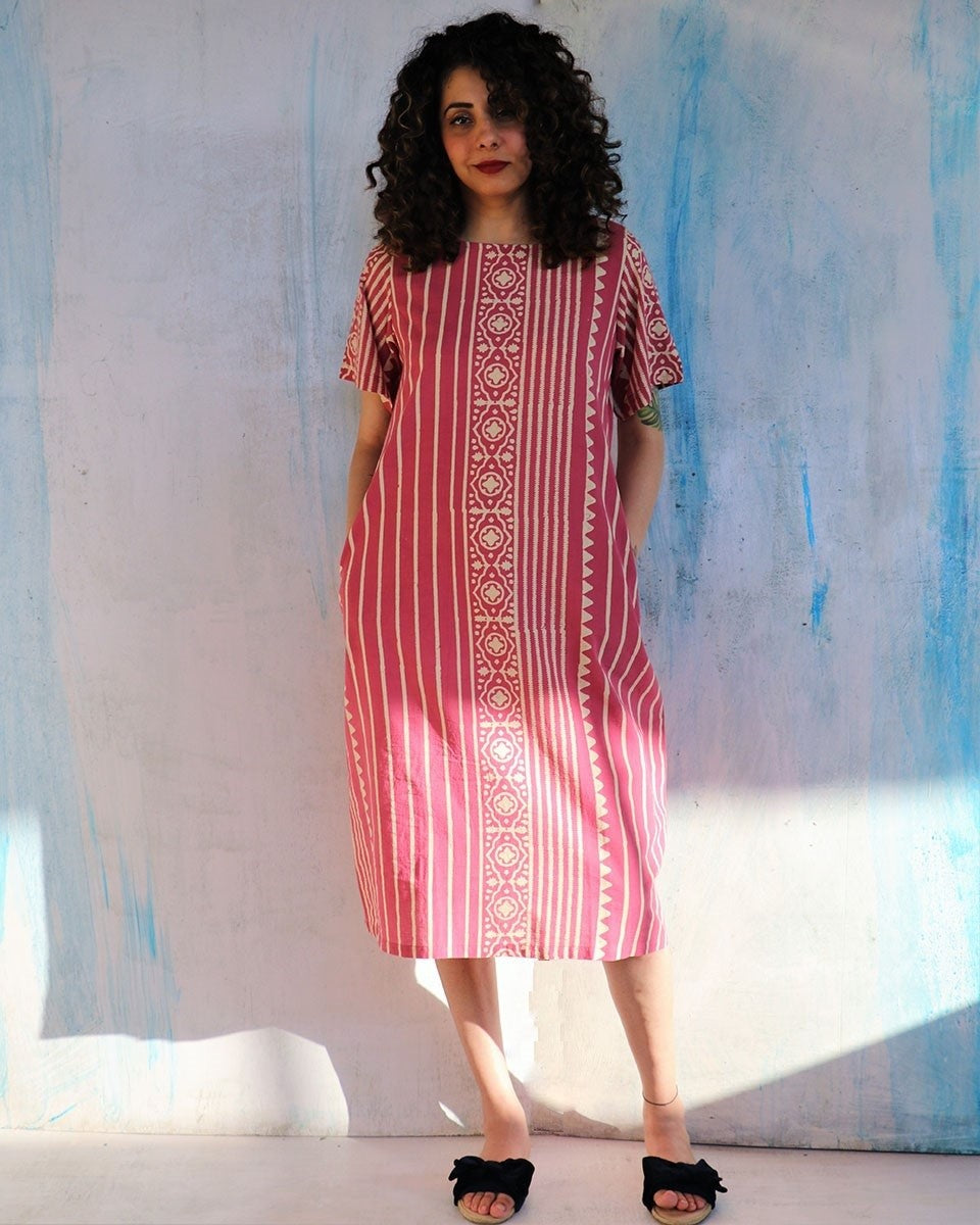 Pink Block Print Cotton Dress