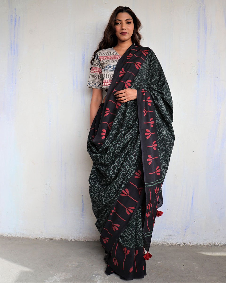 Black blockprinted cotton mul saree