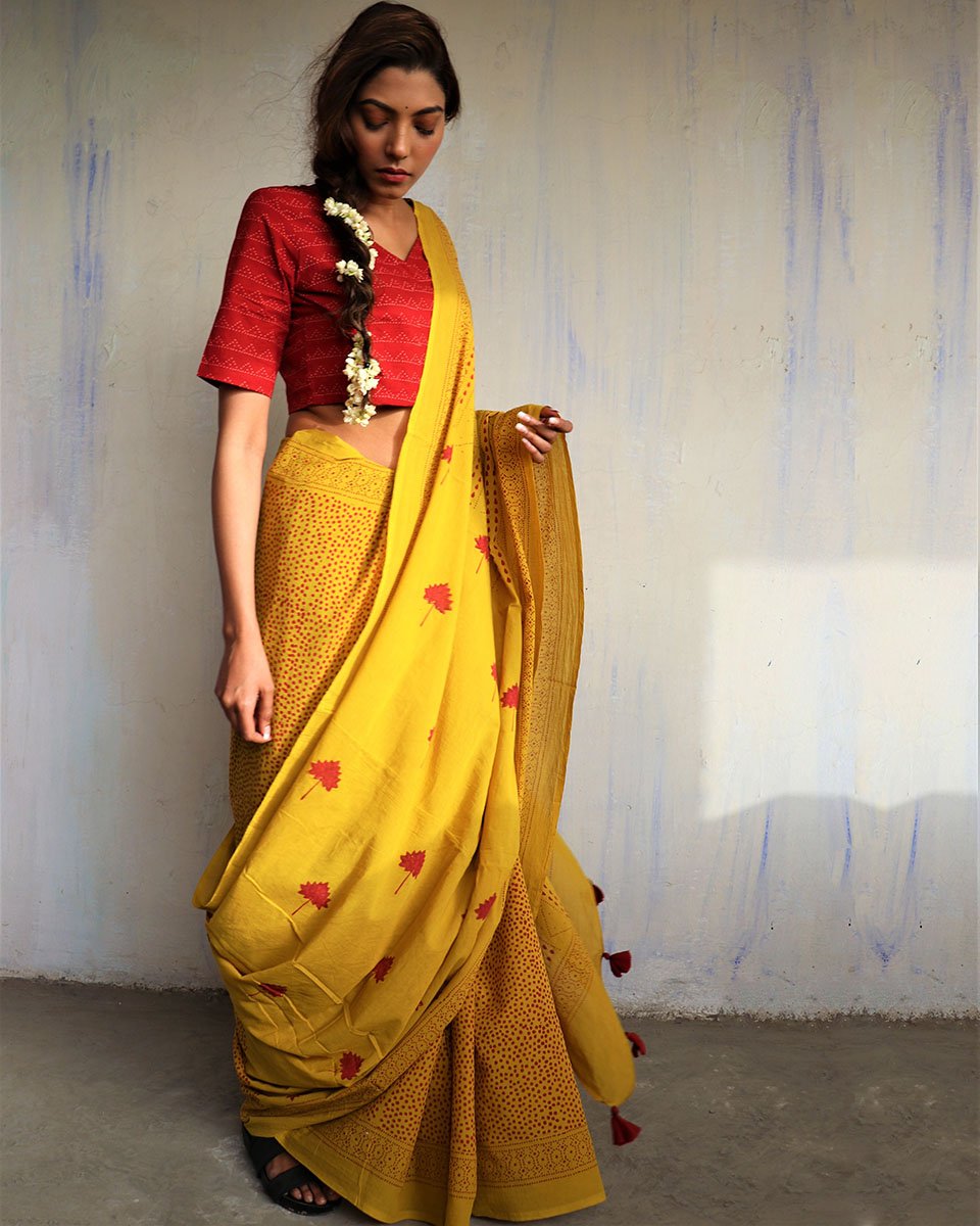 Yellow Blockprinted Cotton Mul Saree - God