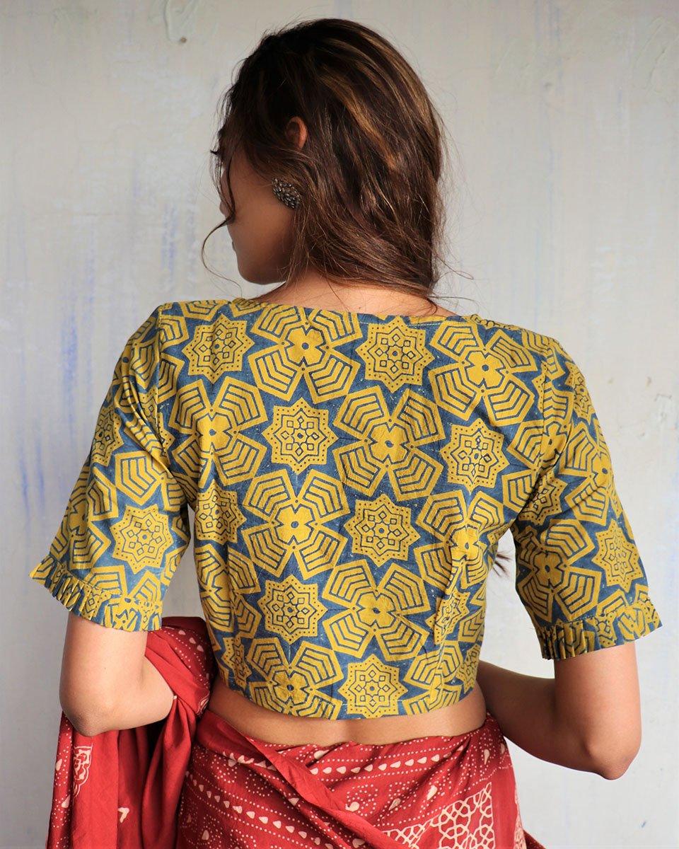 Yellow Hand Block-Printed Cotton Blouse-God