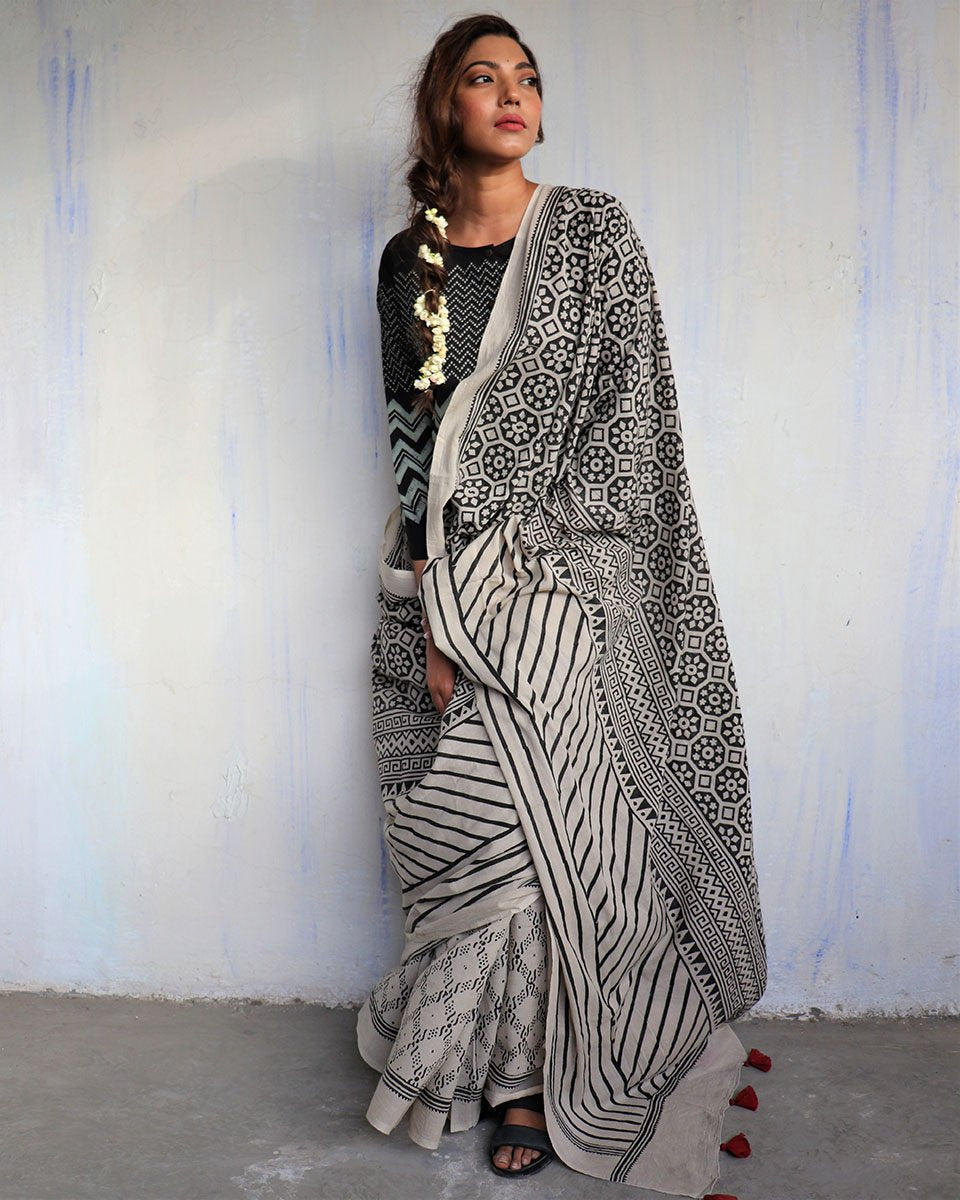 Ivory Black Blockprinted Cotton Mul Saree - God