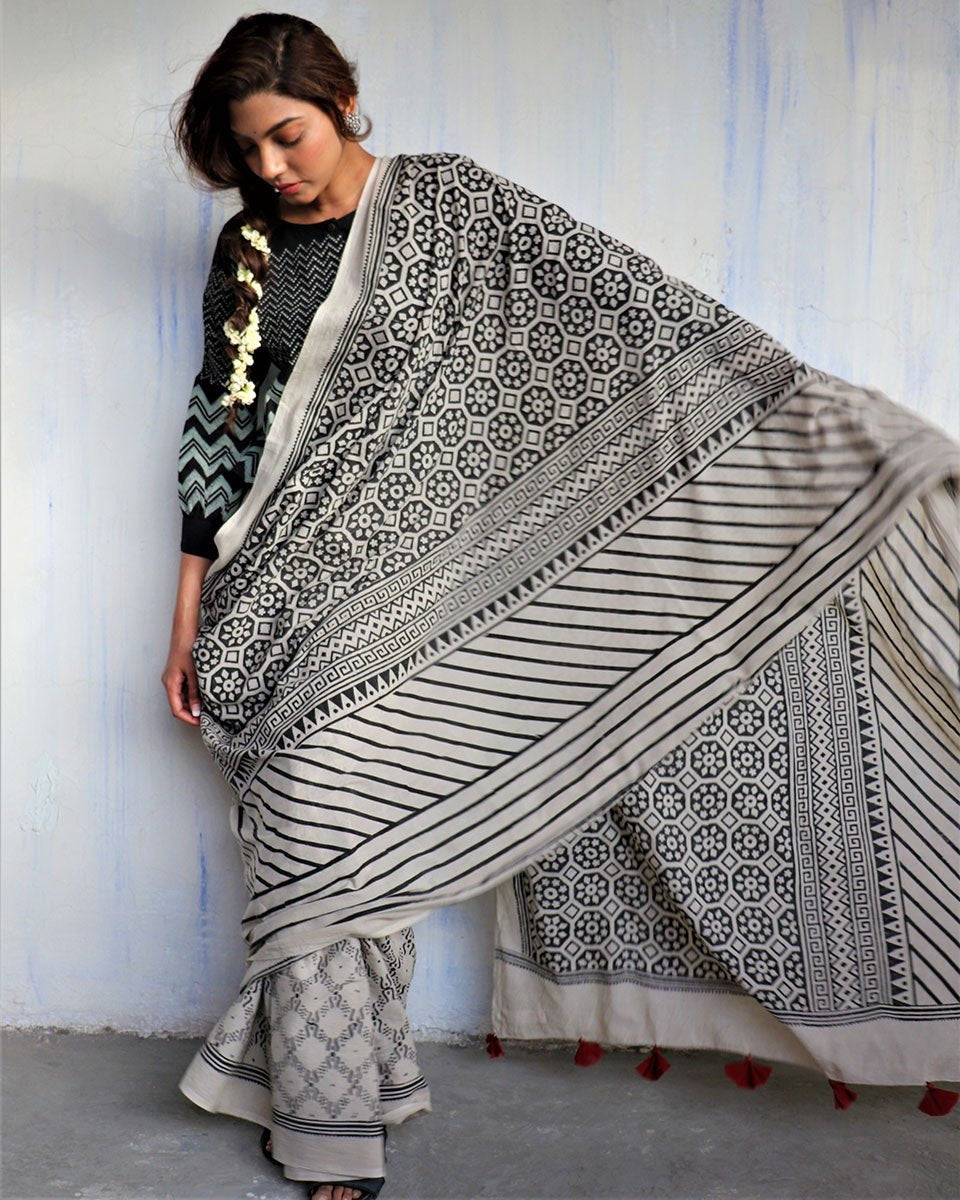 Ivory Black Blockprinted Cotton Mul Saree - God
