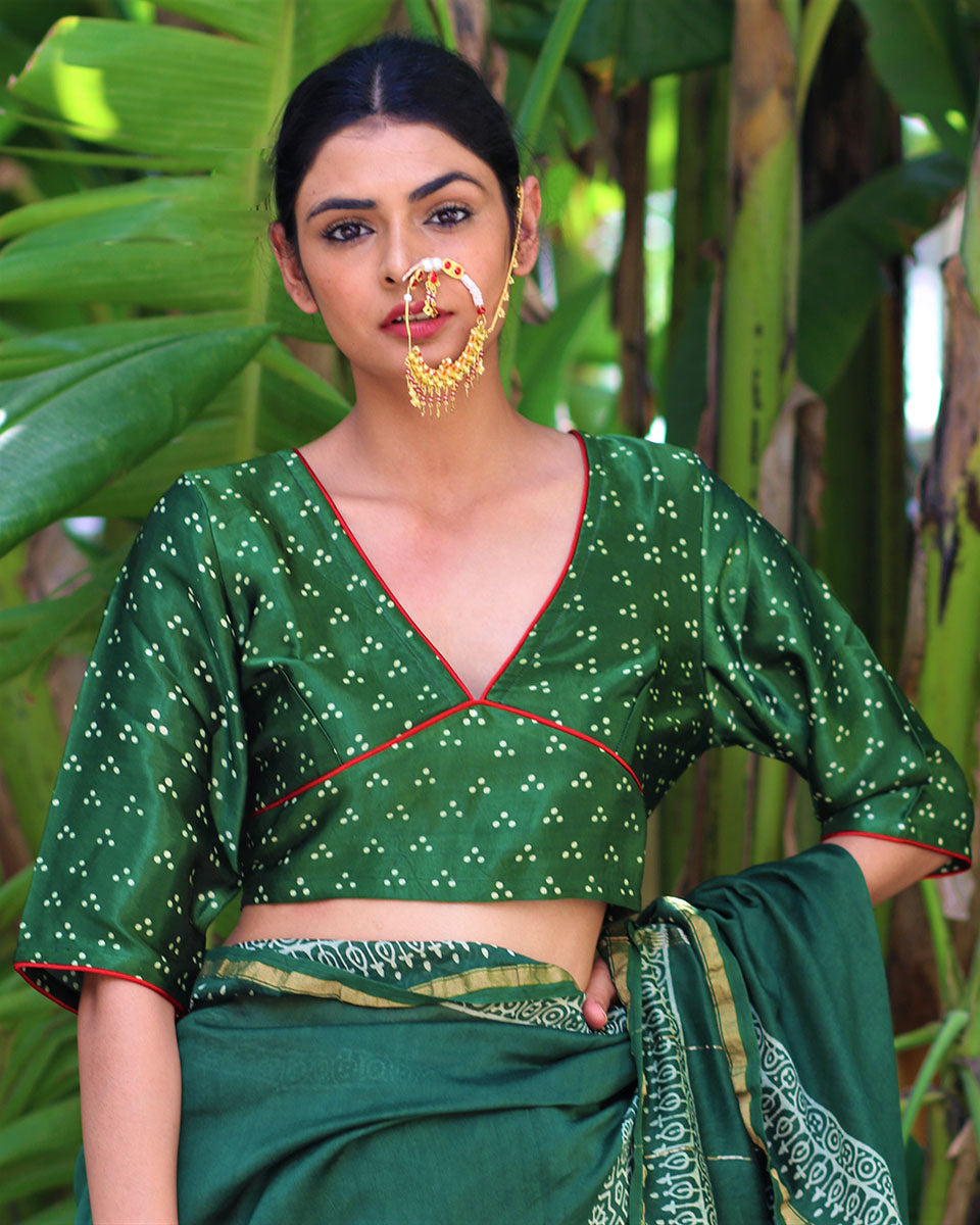 Green Blockprinted Mashru Silk Blouse-Chand Se