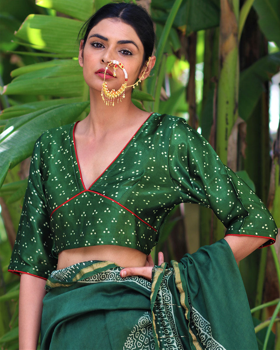 Green Blockprinted Mashru Silk Blouse-Chand Se