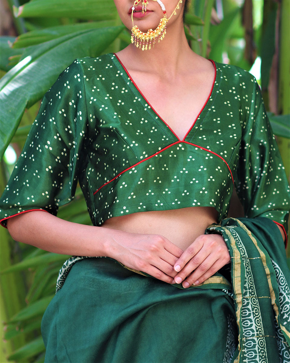 Green Blockprinted Mashru Silk Blouse-Chand Se