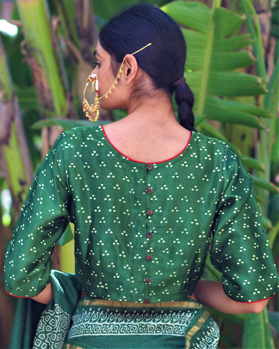 Green Blockprinted Mashru Silk Blouse-Chand Se