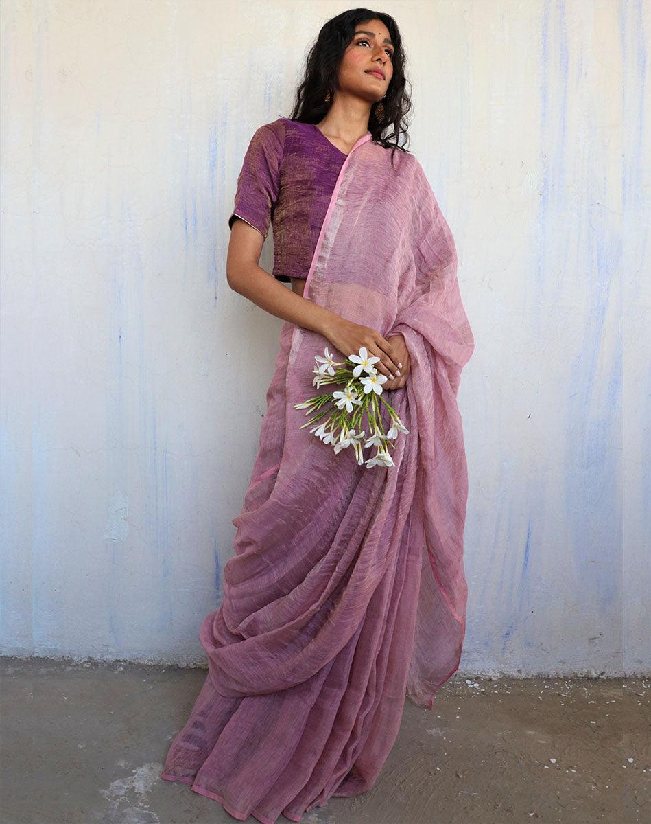 Linen saree | Linen zari saree | Linen saree online | Chidiyaa