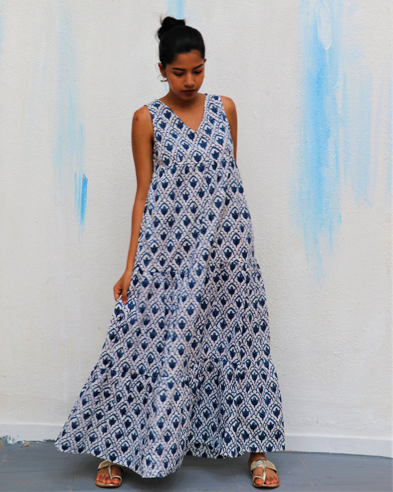 Ivory Sleeveless Leaves Block Printed Cotton Dress - Wic