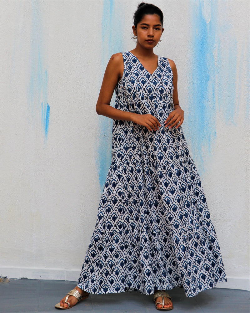 Ivory Sleeveless Leaves Block Printed Cotton Dress - Wic