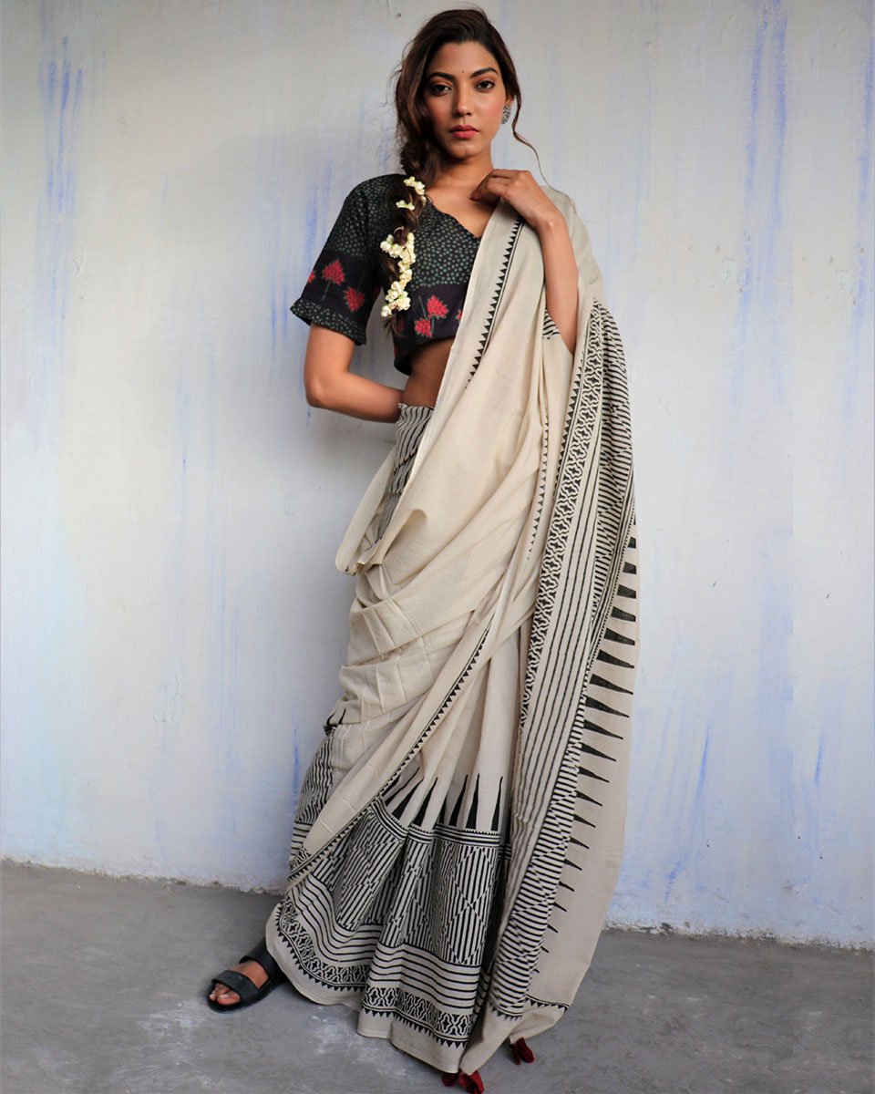 Ivory Blockprinted Cotton Mul Saree - God