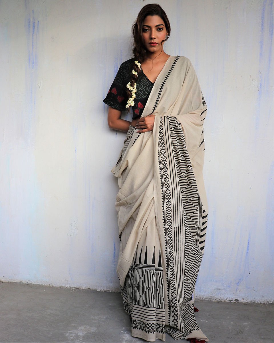 Ivory Blockprinted Cotton Mul Saree - God