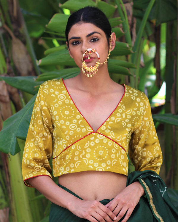 Mustard Blockprinted Mashru Silk Blouse-Chand Se