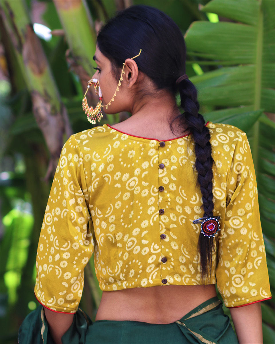 Mustard Blockprinted Mashru Silk Blouse-Chand Se