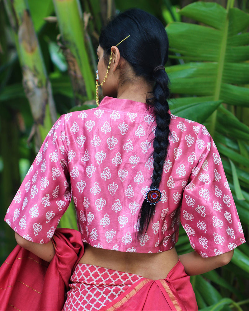 Pink Blockprinted Mashru Silk Blouse-Chand Se