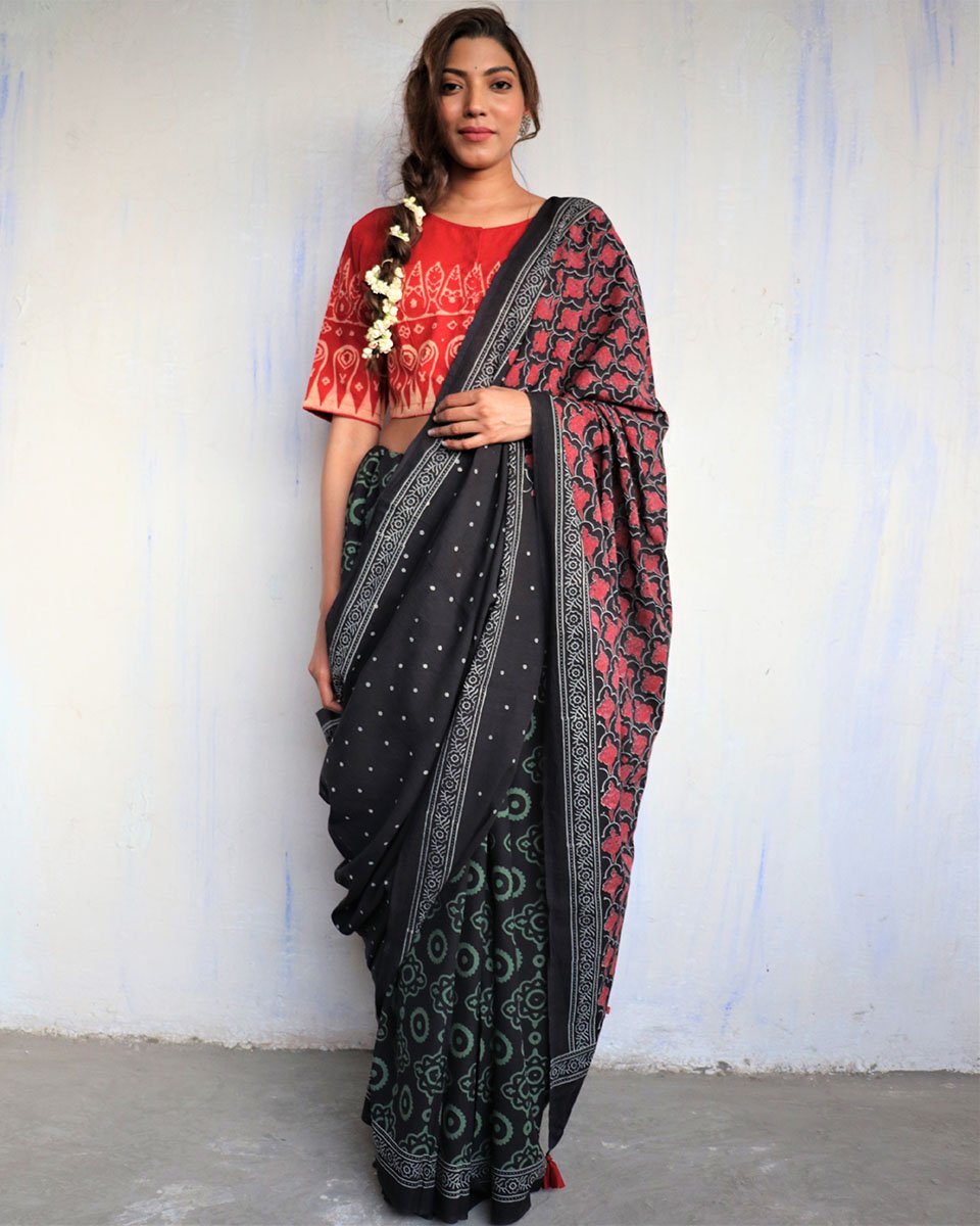 Black blockprinted cotton mul saree