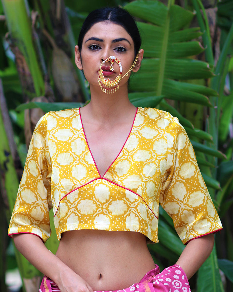 Yellow Blockprinted Mashru Silk Blouse-Chand Se