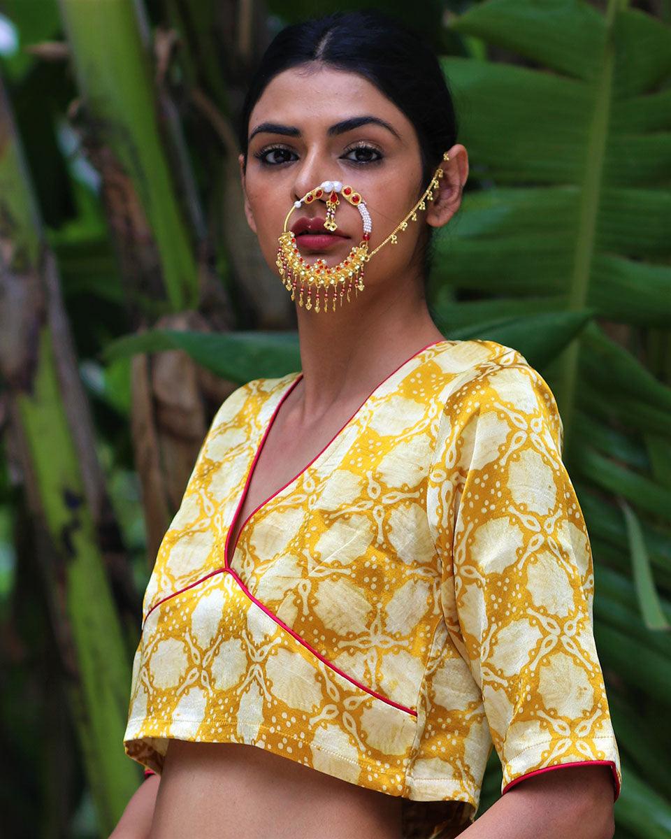 Yellow Blockprinted Mashru Silk Blouse-Chand Se