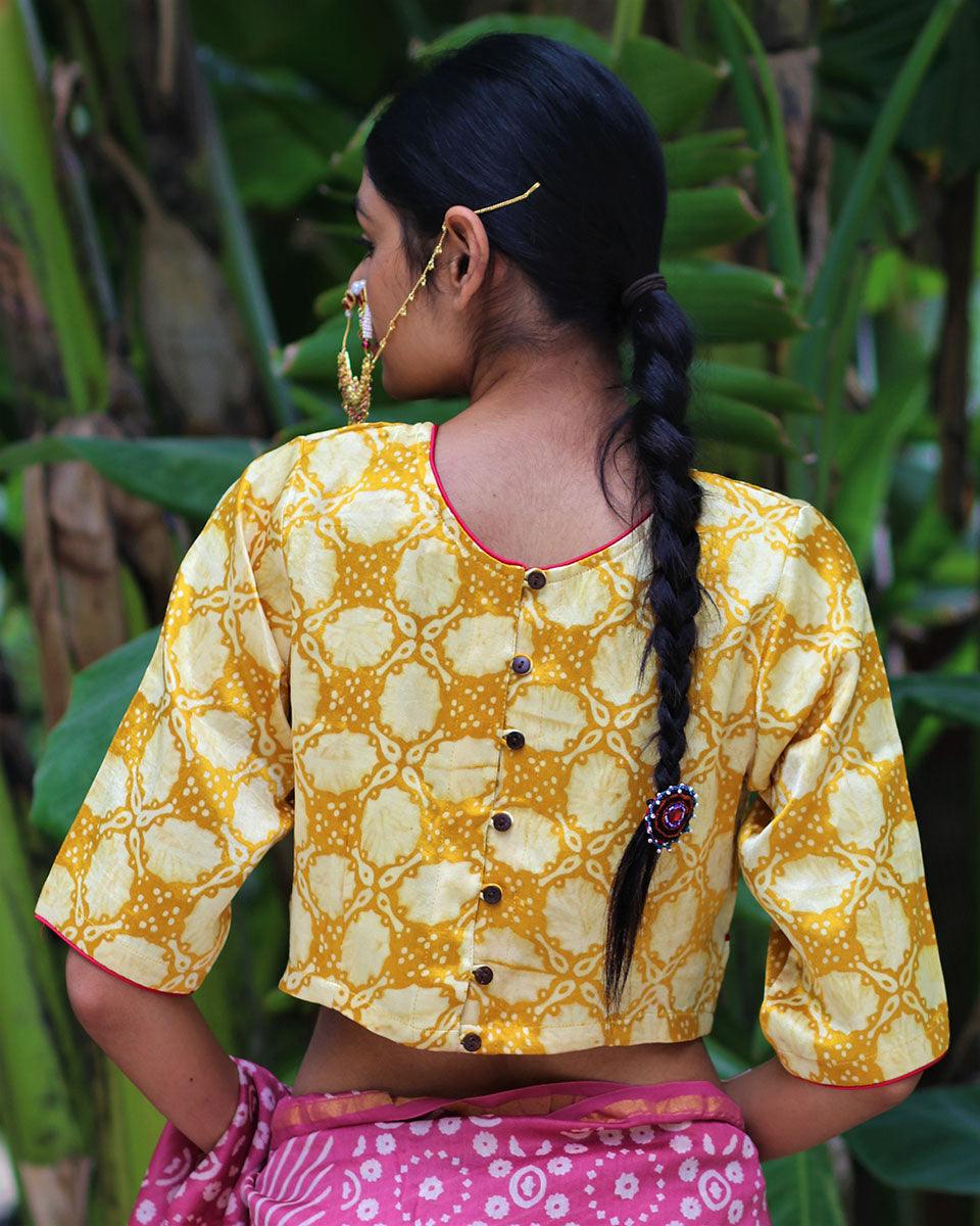 Yellow Blockprinted Mashru Silk Blouse-Chand Se