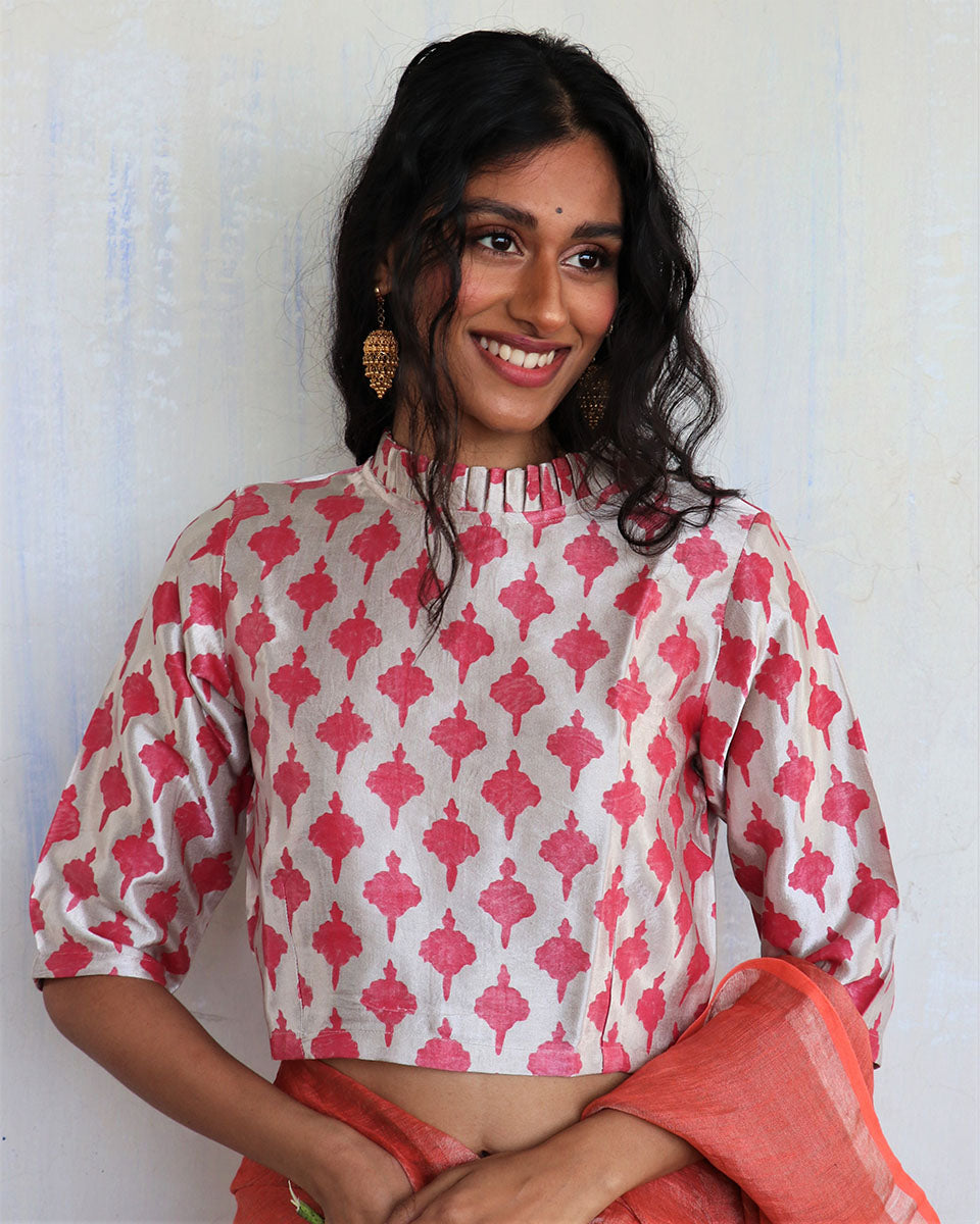 Cream Pink Blockprinted Mashru Silk Blouse