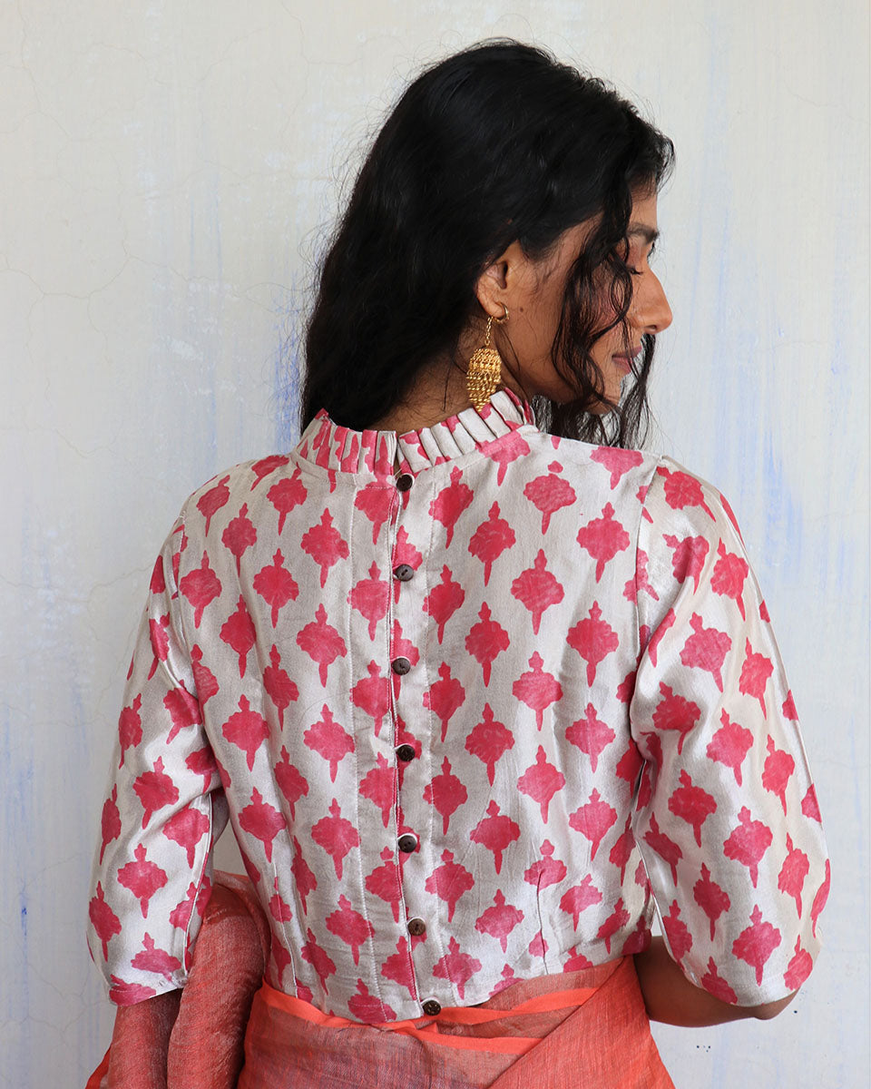 Cream Pink Blockprinted Mashru Silk Blouse