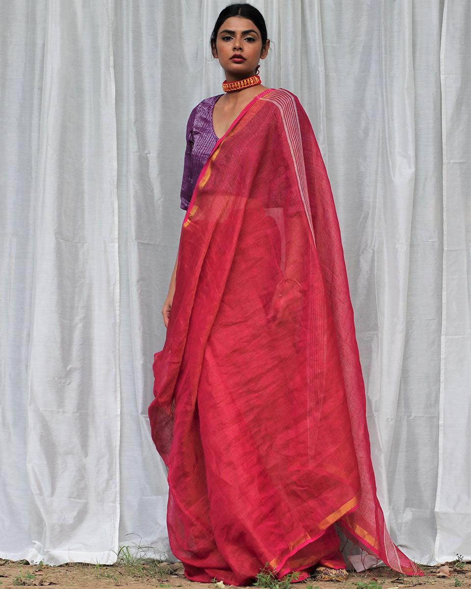 Nalini Handwoven Linen Saree - Bageecha