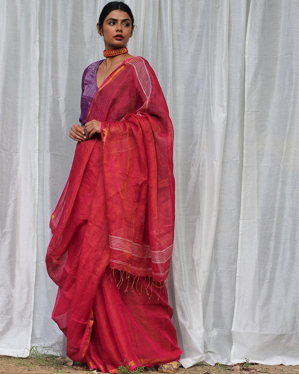 Nalini Handwoven Linen Saree - Bageecha