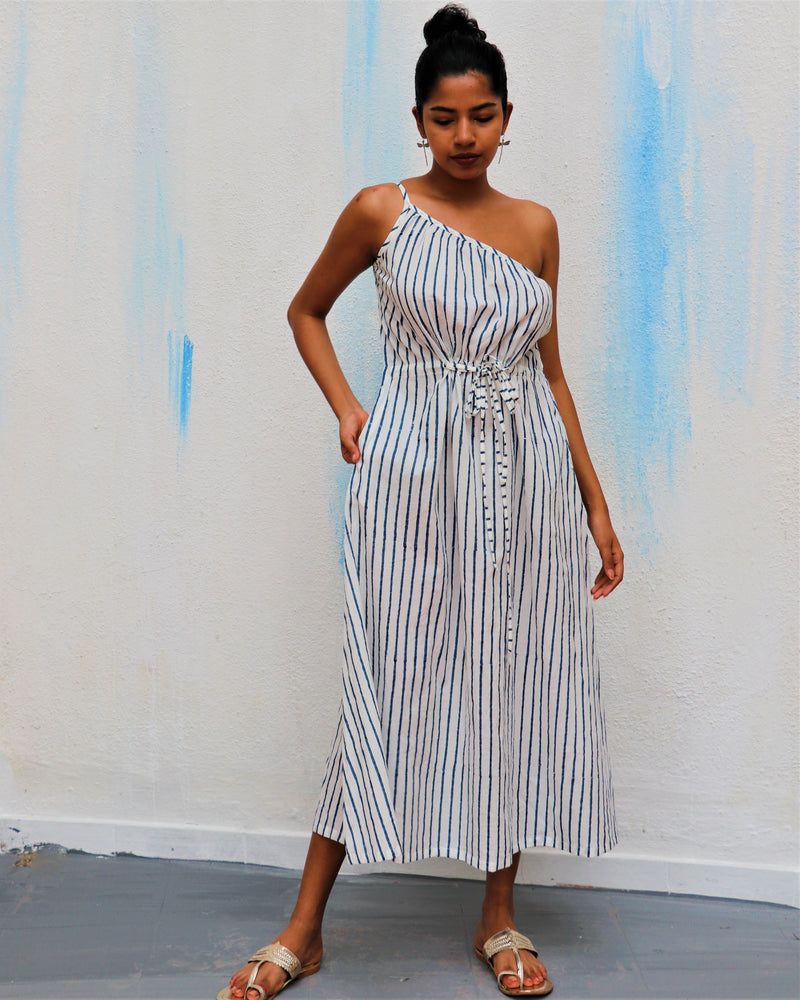 Ivory Stripes One Shoulder Block Printed Cotton Dress - Wic