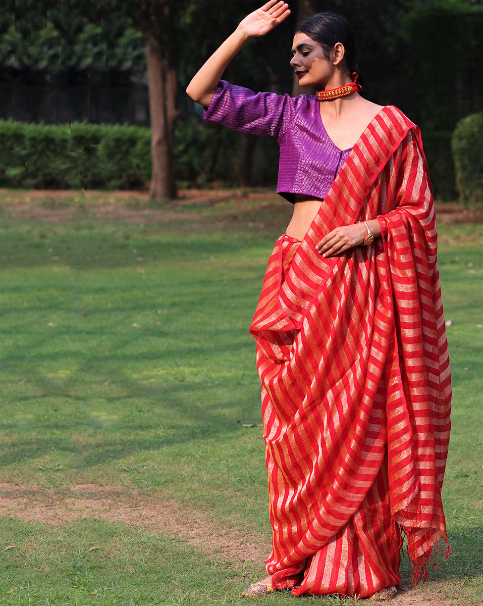 Gulmohar Handwoven Linen Saree - Bageecha