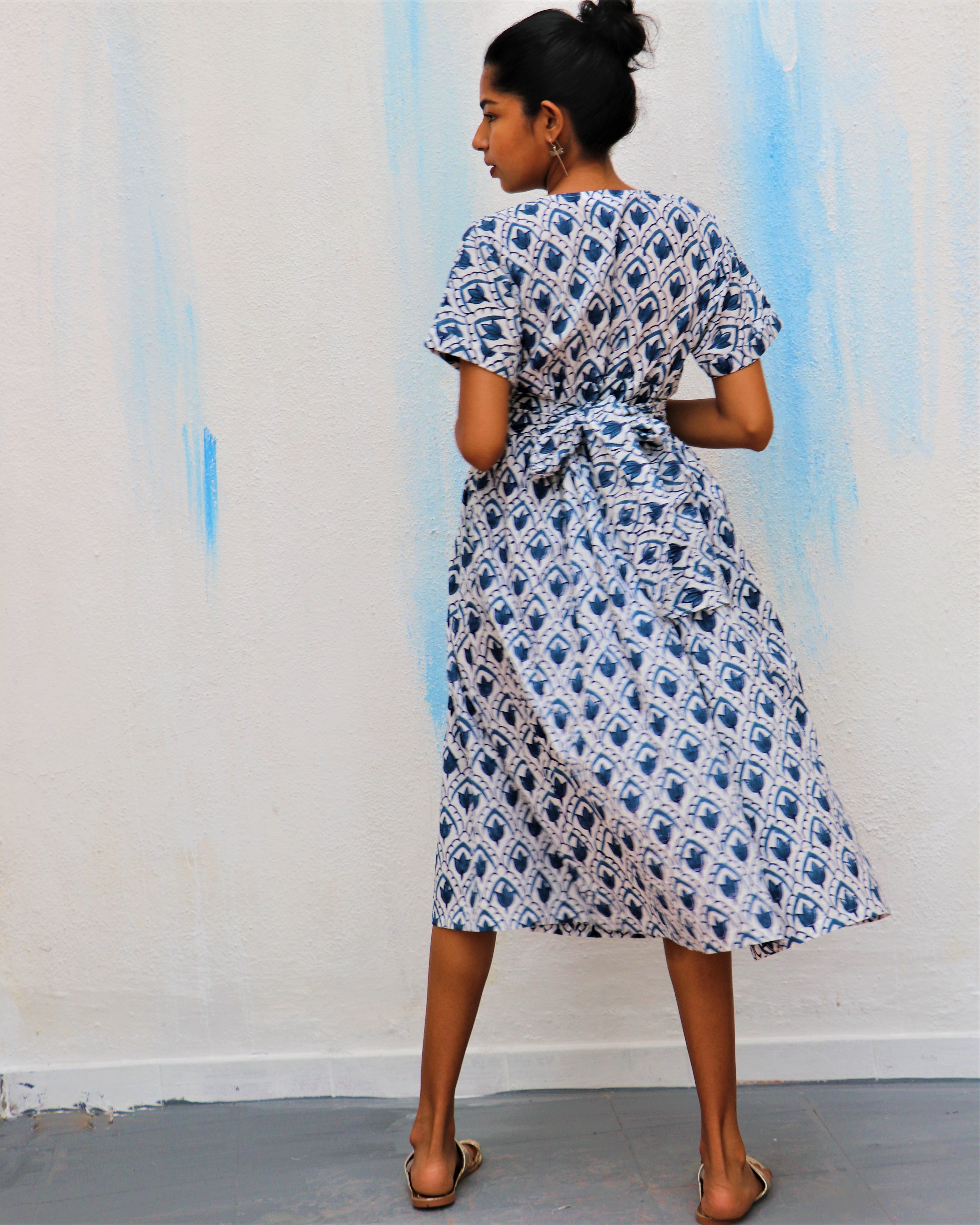 Ivory Leaves Block Printed Cotton Slit Dress - Wic