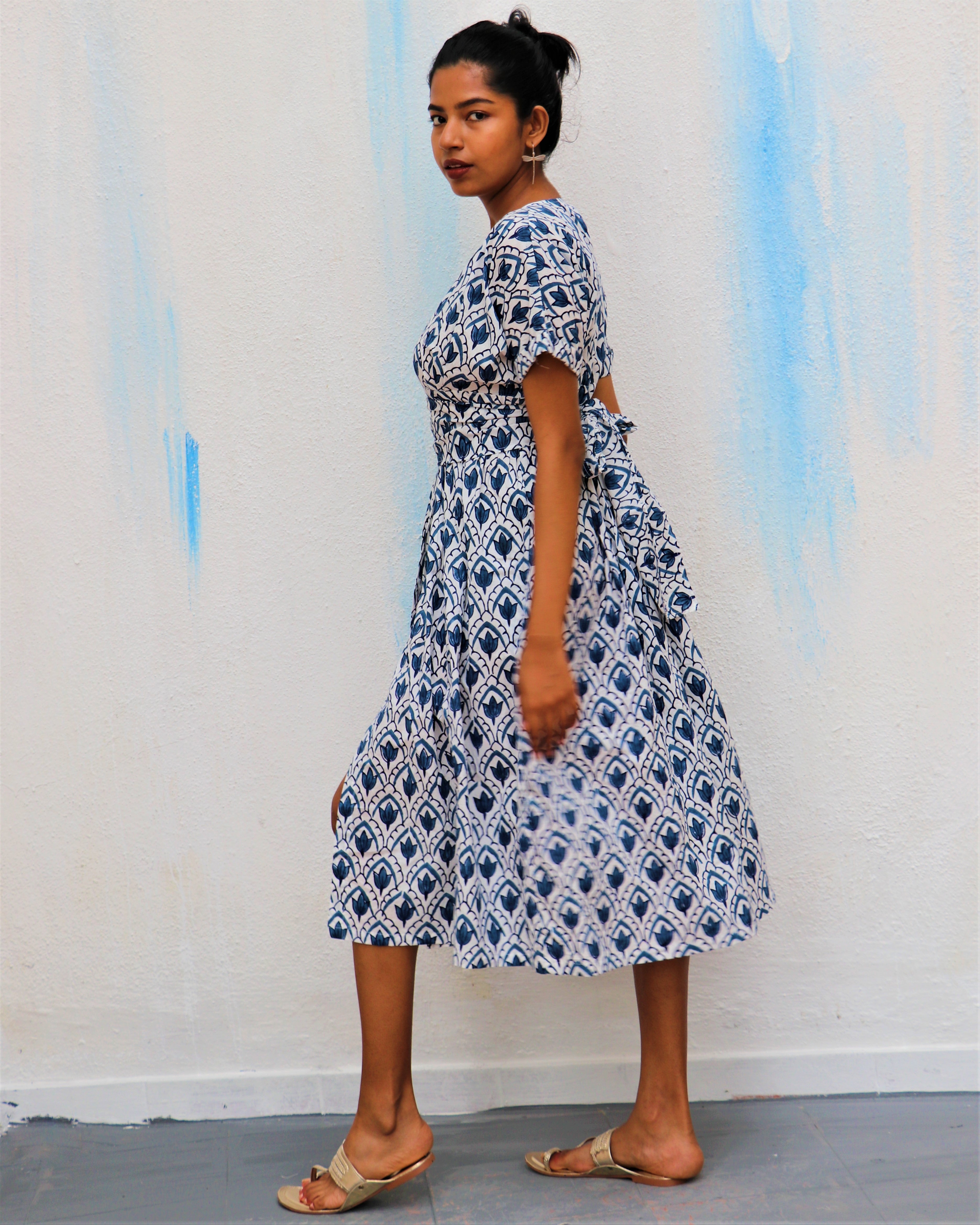 Ivory Leaves Block Printed Cotton Slit Dress - Wic