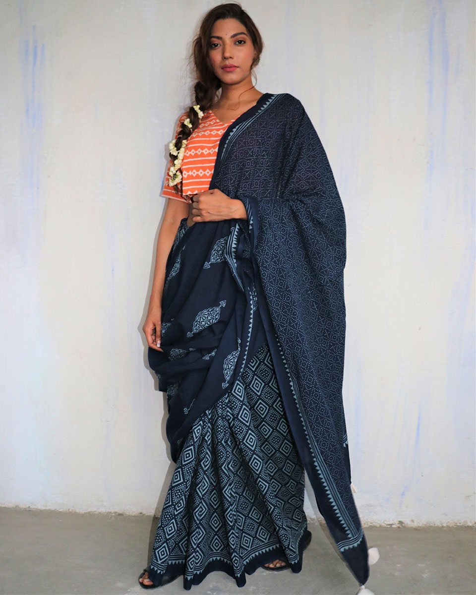 Blue Blockprinted Cotton Mul Saree