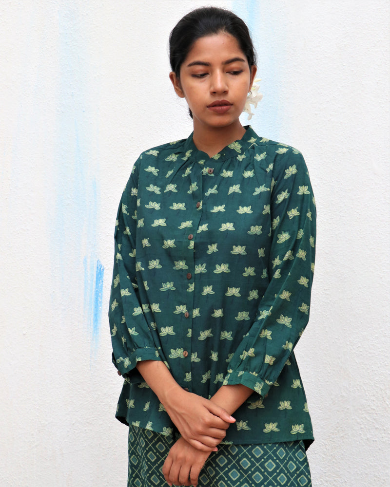 Green Blossom Block Printed Cotton Shirt - For
