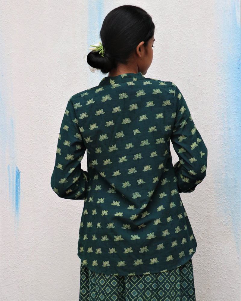 Green Blossom Block Printed Cotton Shirt - For