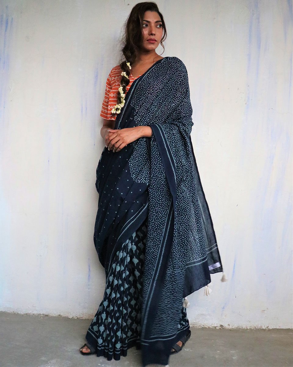 Blue blockprinted cotton mul saree