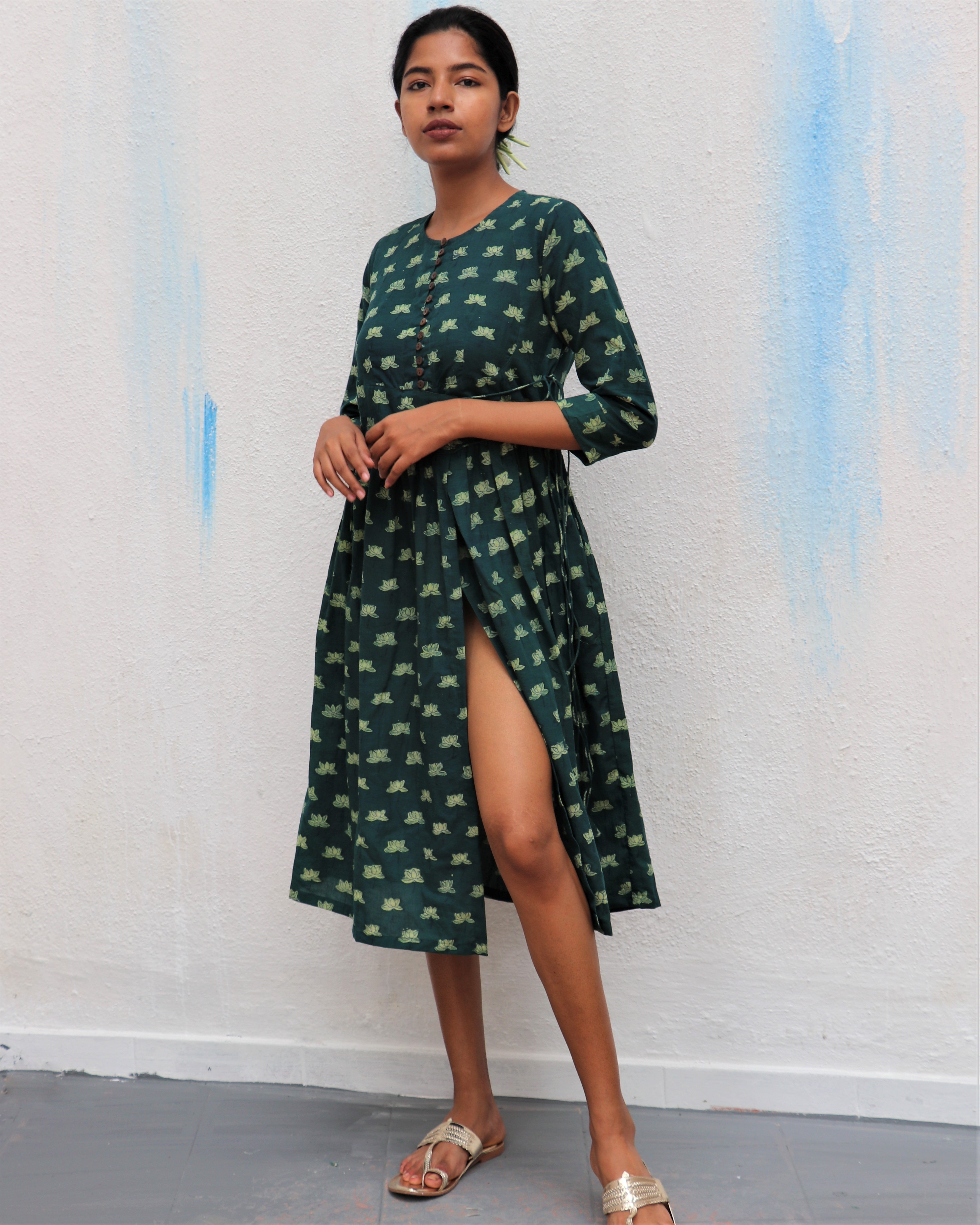 Green Blossom Block Printed Cotton Slit Dress - For